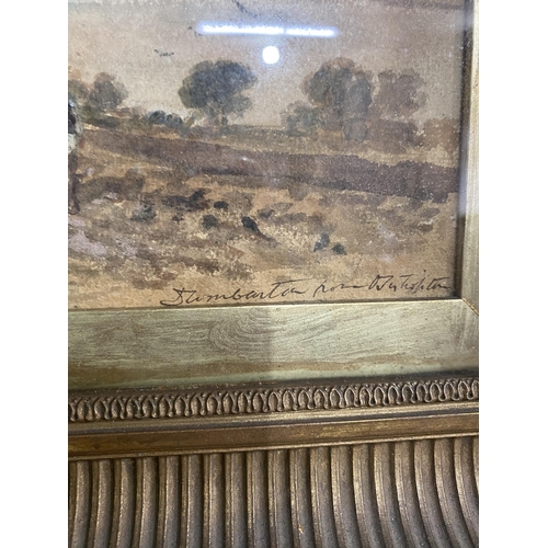 327 - 19th C. Working the fields watercolour with SAM BOUGH plaque mounted in giltwood frame {Canvas dimen... 