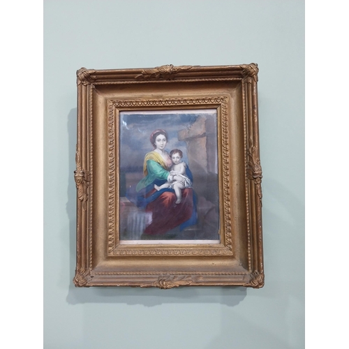 332 - Two 19th C. Shepherd with flute and Mother & Child coloured prints mounted in giltwood frames {24 cm... 