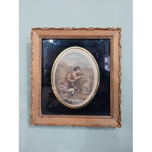 332 - Two 19th C. Shepherd with flute and Mother & Child coloured prints mounted in giltwood frames {24 cm... 