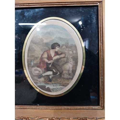 332 - Two 19th C. Shepherd with flute and Mother & Child coloured prints mounted in giltwood frames {24 cm... 