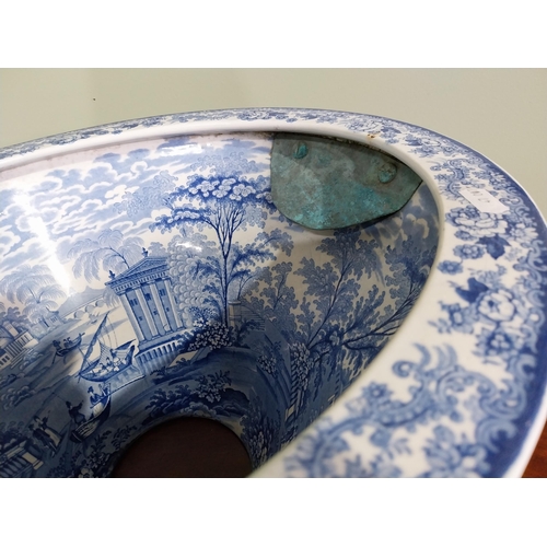 333 - 19th C. blue and white ceramic willow pattern toilet bowl {22 cm H x 49 cm W x 38 cm D}.