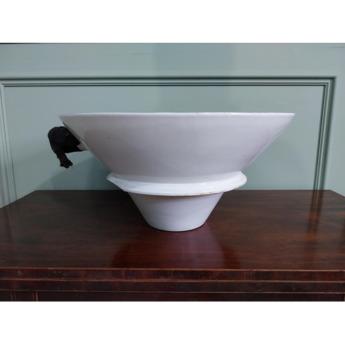 333 - 19th C. blue and white ceramic willow pattern toilet bowl {22 cm H x 49 cm W x 38 cm D}.