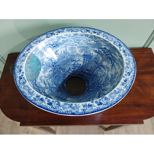 333 - 19th C. blue and white ceramic willow pattern toilet bowl {22 cm H x 49 cm W x 38 cm D}.