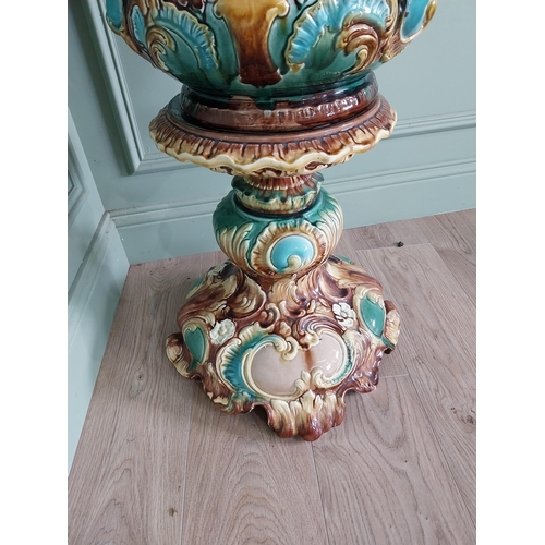 343 - Good quality 19th C. ceramic jardiniere on stand in the Majolica style {86 cm H x 50 cm Dia}.