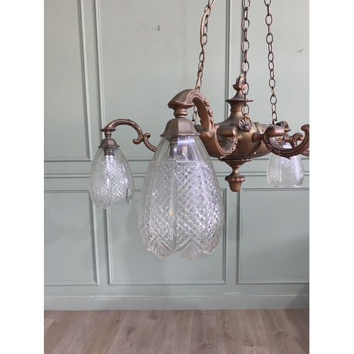 344 - Early 20th C. gilded brass French six branch chandelier with cut glass shades {Drop 101 cm H x 69 cm... 