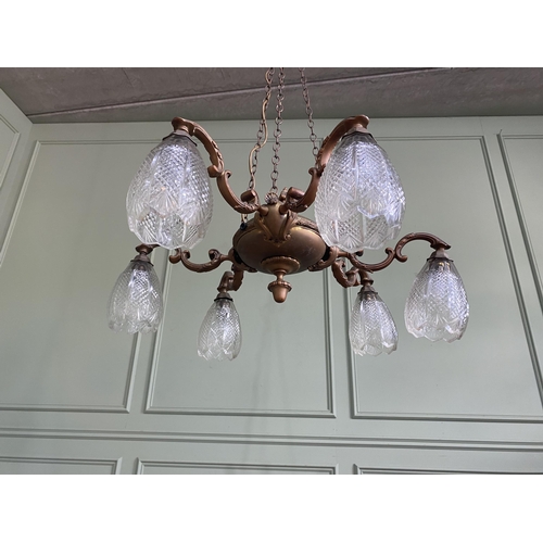 344 - Early 20th C. gilded brass French six branch chandelier with cut glass shades {Drop 101 cm H x 69 cm... 