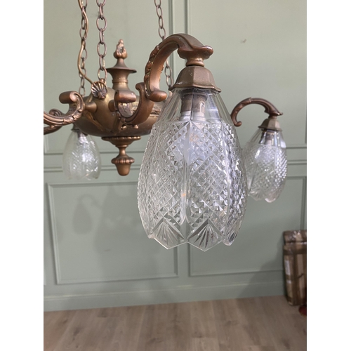 344 - Early 20th C. gilded brass French six branch chandelier with cut glass shades {Drop 101 cm H x 69 cm... 