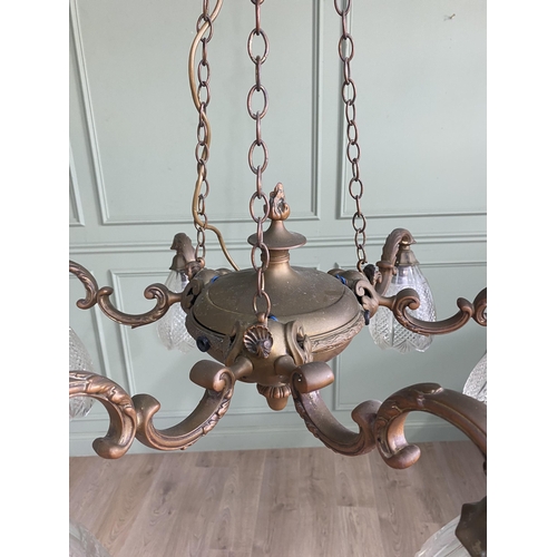 344 - Early 20th C. gilded brass French six branch chandelier with cut glass shades {Drop 101 cm H x 69 cm... 