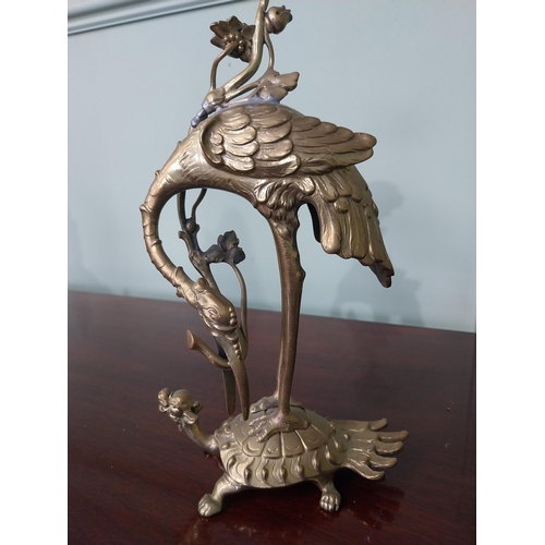 345 - Pair of Oriental brass candlesticks in the form of Cranes mounted on Tortoises {27 cm H x 14 cm W x ... 