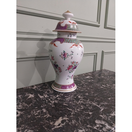 348 - Decorative Oriental hand painted ceramic lidded urn {41 cm H x 19 cm Dia.}.