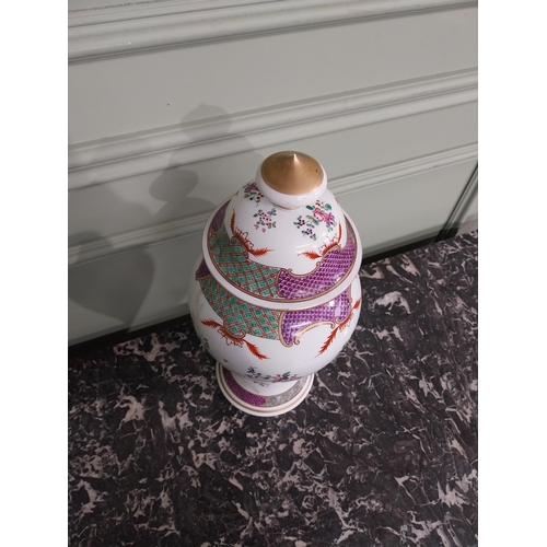 348 - Decorative Oriental hand painted ceramic lidded urn {41 cm H x 19 cm Dia.}.