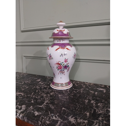 348 - Decorative Oriental hand painted ceramic lidded urn {41 cm H x 19 cm Dia.}.