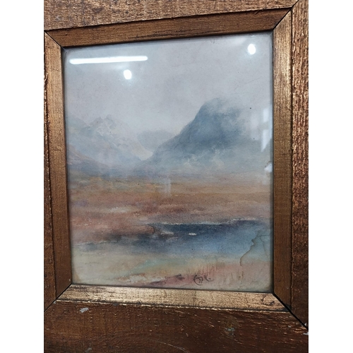 357 - Early 20th C. River and mountain scene watercolour signed initials mounted in giltwood frame in the ... 