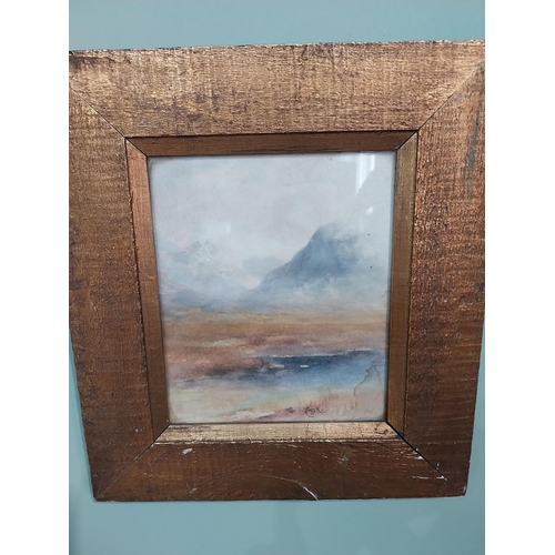 357 - Early 20th C. River and mountain scene watercolour signed initials mounted in giltwood frame in the ... 