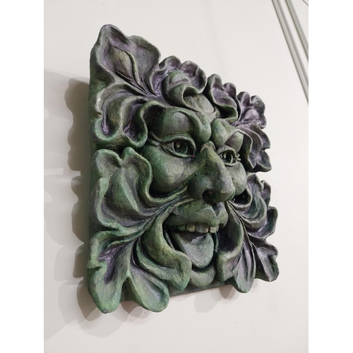 358 - Decorative painted composition green man with wall mask {30 cm H x 28 cm W}.