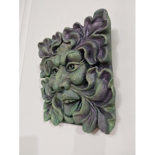 358 - Decorative painted composition green man with wall mask {30 cm H x 28 cm W}.