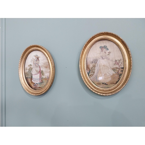 36 - Pair of 19th C. silk embroidered panels depicting ladies in giltwood frames {27 cm H x 21 cm W}.