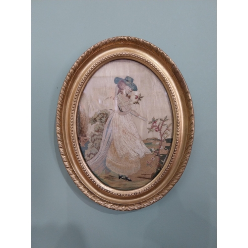 36 - Pair of 19th C. silk embroidered panels depicting ladies in giltwood frames {27 cm H x 21 cm W}.