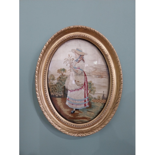 36 - Pair of 19th C. silk embroidered panels depicting ladies in giltwood frames {27 cm H x 21 cm W}.