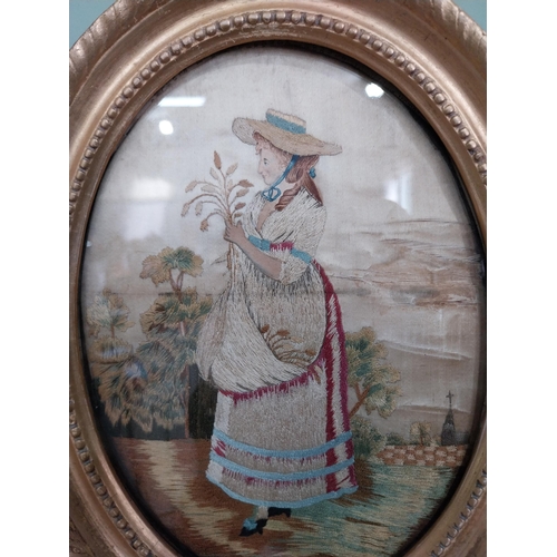 36 - Pair of 19th C. silk embroidered panels depicting ladies in giltwood frames {27 cm H x 21 cm W}.