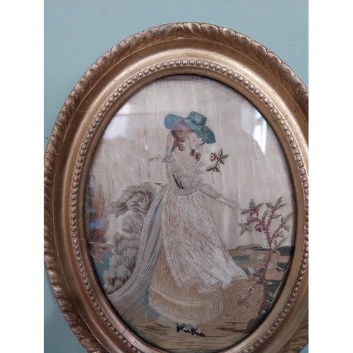 36 - Pair of 19th C. silk embroidered panels depicting ladies in giltwood frames {27 cm H x 21 cm W}.