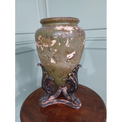 381 - William IV hand painted terracotta jardinière decorated with birds and lotus flowers raised on lions... 