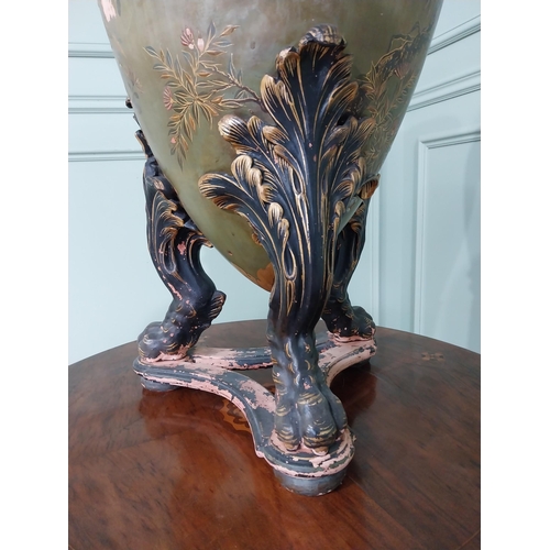 381 - William IV hand painted terracotta jardinière decorated with birds and lotus flowers raised on lions... 