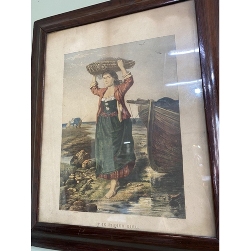 391 - Early 20th C. The fisher girl coloured engraving mounted in rosewood frame {48 cm H x 39 cm W }.