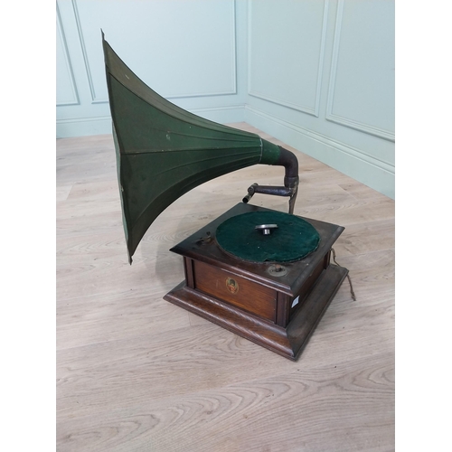 392 - Early 20th C. oak gramophone with metal horn {70 cm H x 66 cm W x 62 cm D}.