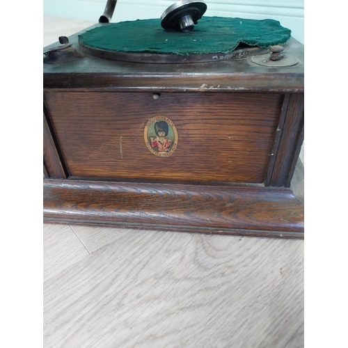 392 - Early 20th C. oak gramophone with metal horn {70 cm H x 66 cm W x 62 cm D}.