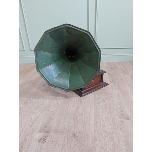 392 - Early 20th C. oak gramophone with metal horn {70 cm H x 66 cm W x 62 cm D}.