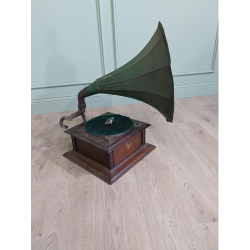 392 - Early 20th C. oak gramophone with metal horn {70 cm H x 66 cm W x 62 cm D}.