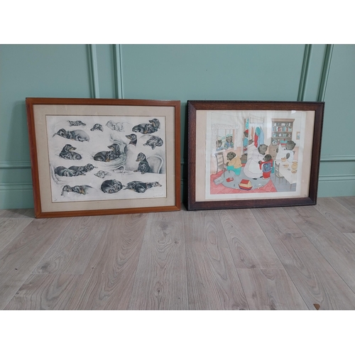 396 - French Dachshund  print mounted in mahogany frame and Margaret Ross comical Going to School print mo... 