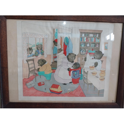 396 - French Dachshund  print mounted in mahogany frame and Margaret Ross comical Going to School print mo... 