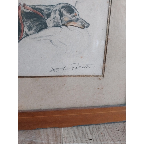 396 - French Dachshund  print mounted in mahogany frame and Margaret Ross comical Going to School print mo... 