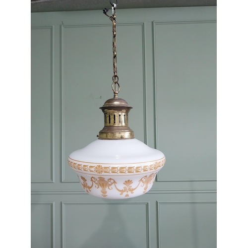 41 - Good quality Edwardian opaline glass hanging shade with hand painted Grecian design and original bra... 