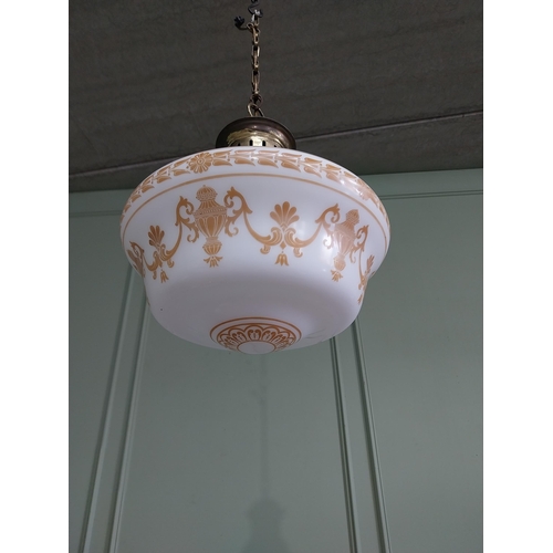 41 - Good quality Edwardian opaline glass hanging shade with hand painted Grecian design and original bra... 