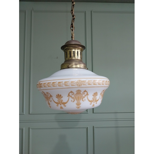 41 - Good quality Edwardian opaline glass hanging shade with hand painted Grecian design and original bra... 