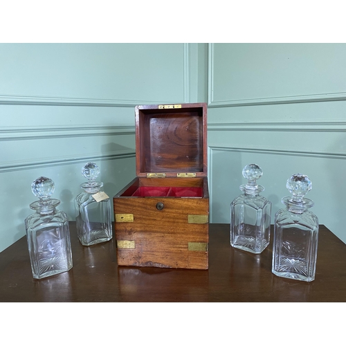 417 - Good quality 19th C. mahogany and brass bound decanter with four original cut lead crystal decanters... 