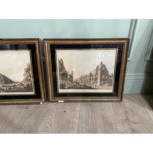 426 - Set of three 19th C. City and mountain scenes coloured engravings mounted in giltwood frames {38 cm ... 