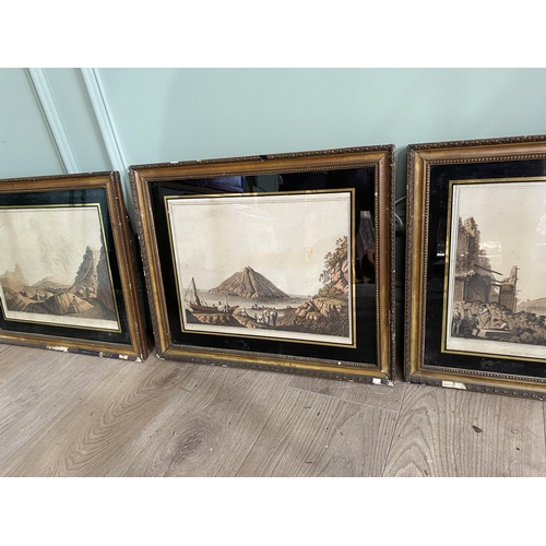 426 - Set of three 19th C. City and mountain scenes coloured engravings mounted in giltwood frames {38 cm ... 