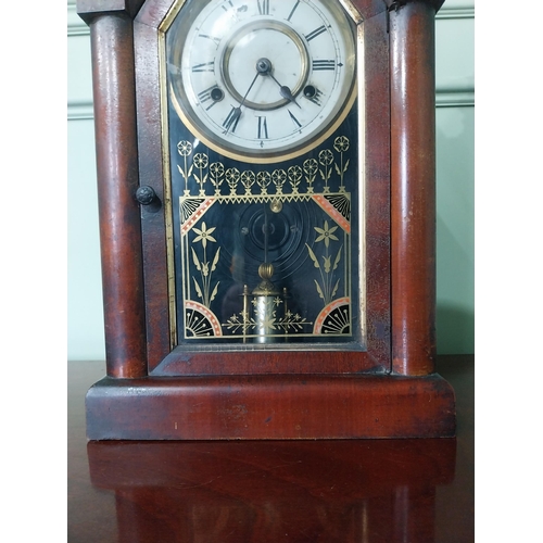 428 - 19th C. mahogany steeple clock with painted dial and painted glass panel {53 cm H x 28 cm W x 11 cm ... 