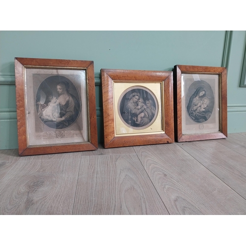 439 - Three 19th C. engravings mounted in maple frames {31 cm H x 25 cm W and 29 cm H x 29 cm W}.