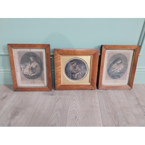 439 - Three 19th C. engravings mounted in maple frames {31 cm H x 25 cm W and 29 cm H x 29 cm W}.