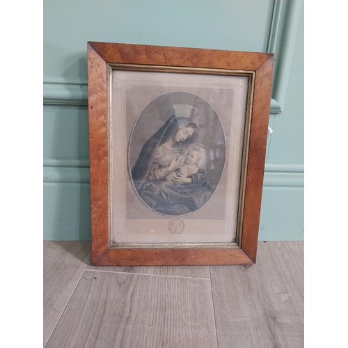 439 - Three 19th C. engravings mounted in maple frames {31 cm H x 25 cm W and 29 cm H x 29 cm W}.