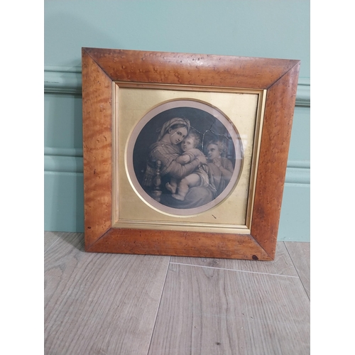 439 - Three 19th C. engravings mounted in maple frames {31 cm H x 25 cm W and 29 cm H x 29 cm W}.