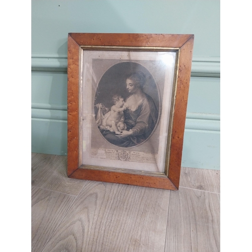 439 - Three 19th C. engravings mounted in maple frames {31 cm H x 25 cm W and 29 cm H x 29 cm W}.