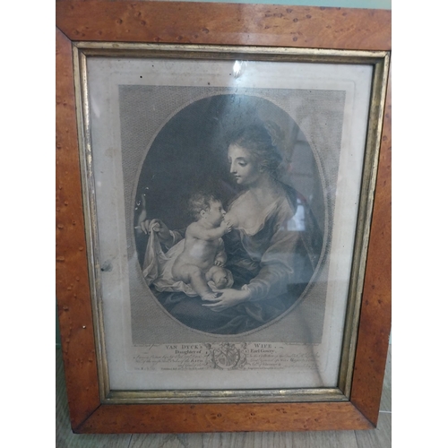 439 - Three 19th C. engravings mounted in maple frames {31 cm H x 25 cm W and 29 cm H x 29 cm W}.