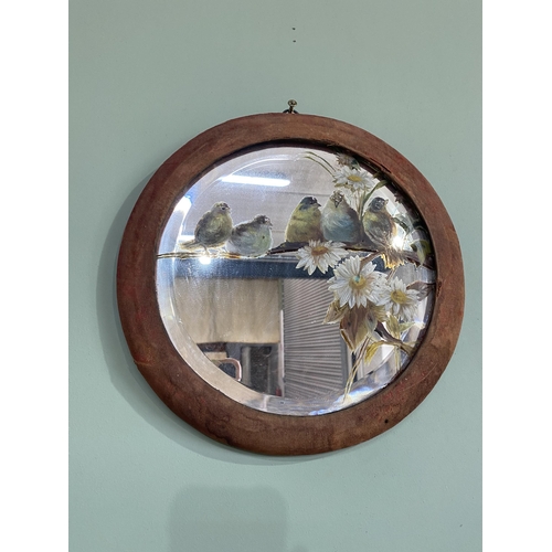 447 - Pair of Edwardian hand painted glass wall mirrors depicting birds mounted in velvet upholstered fram... 