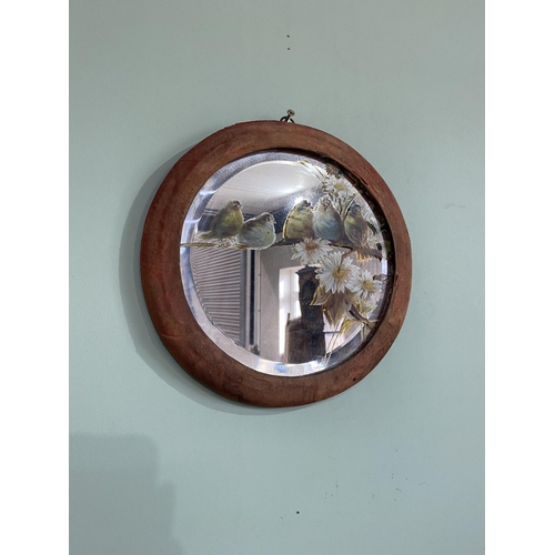 447 - Pair of Edwardian hand painted glass wall mirrors depicting birds mounted in velvet upholstered fram... 